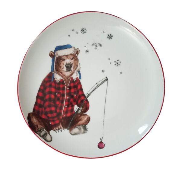 West Elm Rachel Kozlowski Dapper Animal Winter Holiday Bear Plate Salad Dessert - Picture 1 of 7